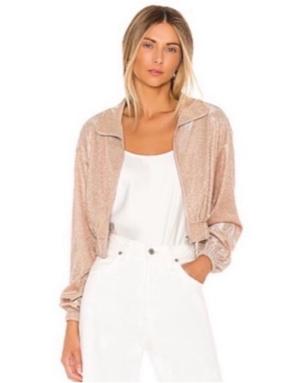 Superdown Brianna Metallic Rose Gold Cropped Jacket XXS Sparkle Zip Up